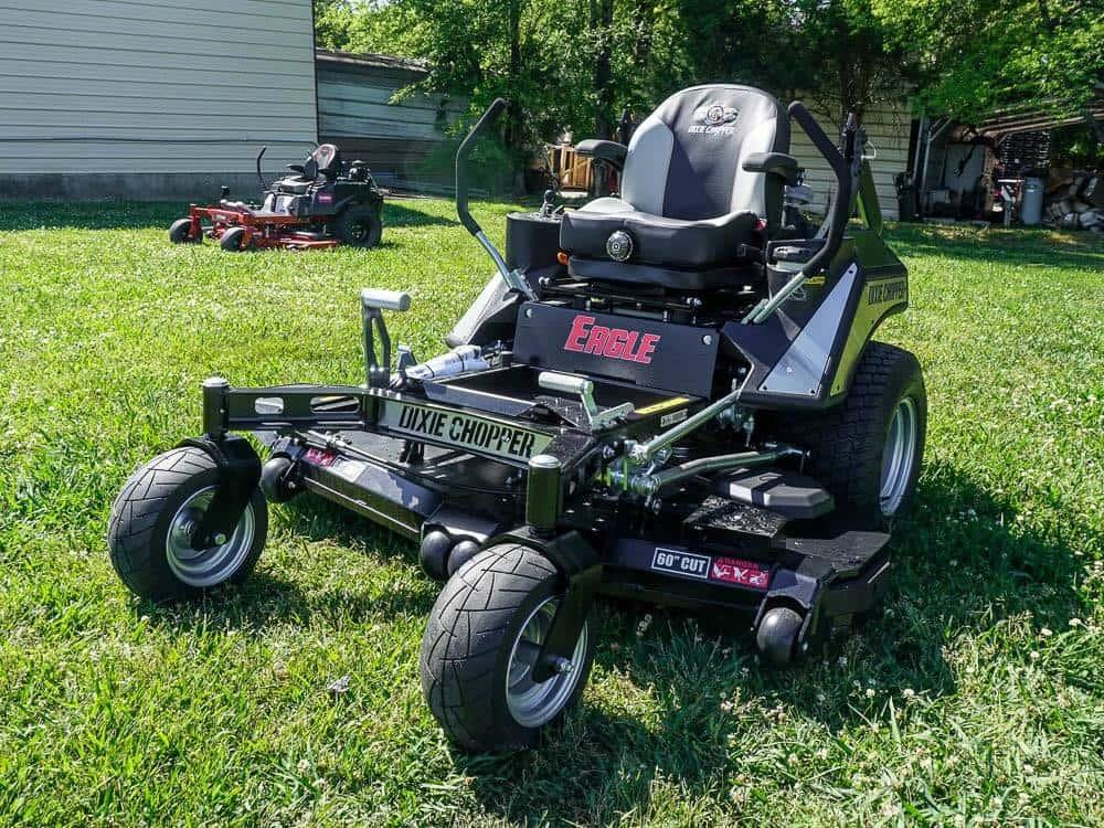 Dixie Chopper parked on residential yard after mowing